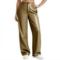 thumbnail image 1 of FRSASU Women's Faux Leather Pants Button PU Stretch Straight Wide Leg Trousers with Pockets Khaki, 1 of 9