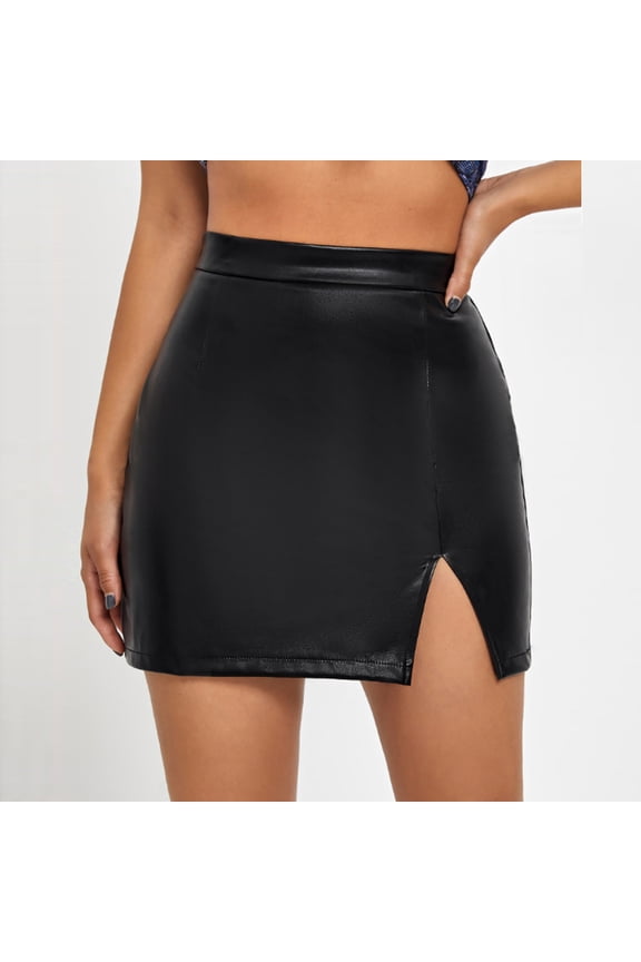 Women's Faux Leather Skirt High Waist Tummy Control Bodycon Trendy Casual Pencil Short Skirt Black