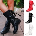 thumbnail image 1 of FRSASU Women's Faux Leather Slouch Mid‑Calf Boots Ruched Shaft Back Lace‑Up Tie Detail Round Toe Low Block Heel Pull‑On Casual Mid Boots White, 1 of 5