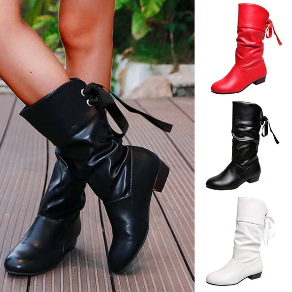 FRSASU Women's Faux Leather Slouch Mid‑Calf Boots Ruched Shaft Back Lace‑Up Tie Detail Round Toe Low Block Heel Pull‑On Casual Mid Boots White