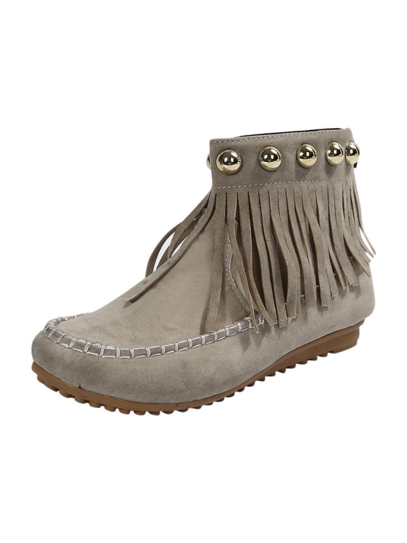 Women's Faux Suede Fringe Ankle Booties Back Zipper Closure Moccasin Toe Low Wedge Heel Short Boots Beige