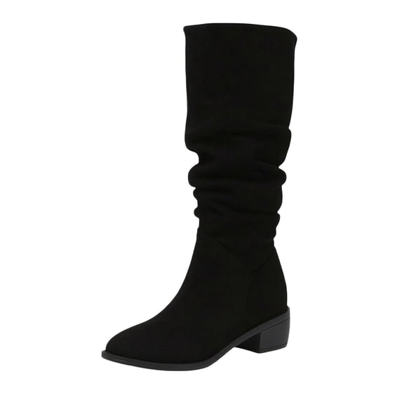 FRSASU Women's Faux Suede Slouchy Knee‑High Boots Pull‑On Round Toe Low Block Heel, Casual Mid‑Calf Long Boots Black