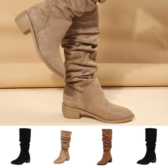 FRSASU Women's Faux Suede Slouchy Knee‑High Boots Pull‑On Round Toe Low Block Heel, Casual Mid‑Calf Long Boots Khaki