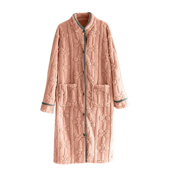 FRSASU Women's Flannel Nightgown Fuzzy Fleece Cozy Plush Warm Winter Button Pullover Loungewear Sleepdress Long Sleeve Round Neck Nightdress Pink
