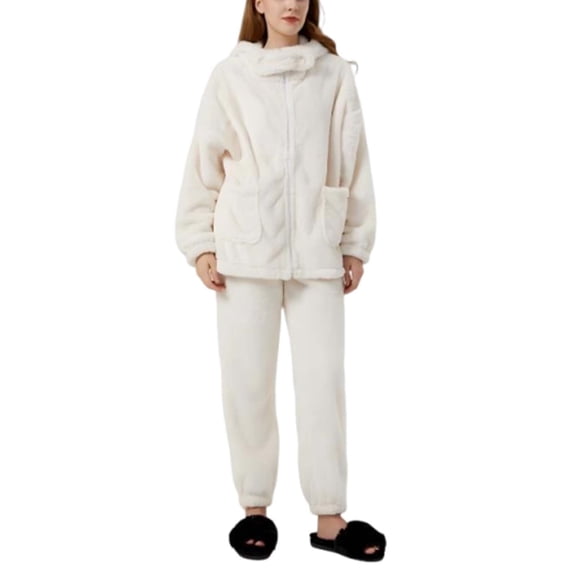 FRSASU Women's Flannel Pajama Set Winter Warm Long Sleeve Hooded Tops with Pockets and Pants Soft Cozy Loungewear White