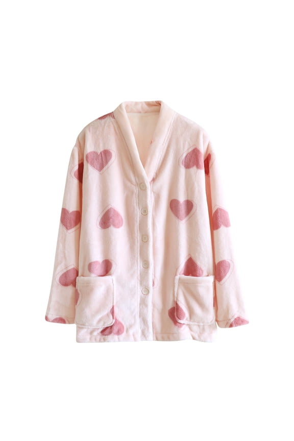 Women's Flannel Thicken Pajama Tops Cute Heart Print Button Down V Neck Cardigans Soft Fluffy Fleece Warm Winter Outerwear Pink