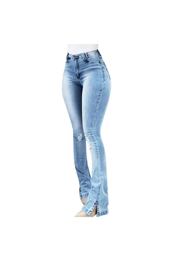 Women's Flare Bell Bottom Jeans High Waisted Wide Leg Bootcut Jeans Stretchy Denim Pants Light Blue