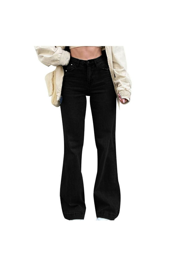 Women's Flare Jeans Button up High Waisted Wide Leg Bootcut Jeans Stretchy Casual Denim Pants with Pockets Black