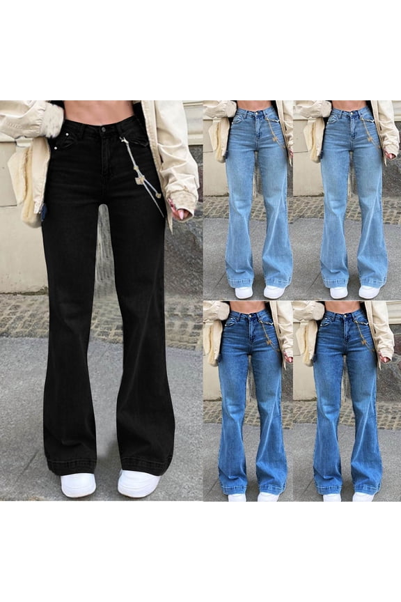 Women's Flare Jeans Button up High Waisted Wide Leg Bootcut Jeans Stretchy Casual Denim Pants with Pockets Light Blue