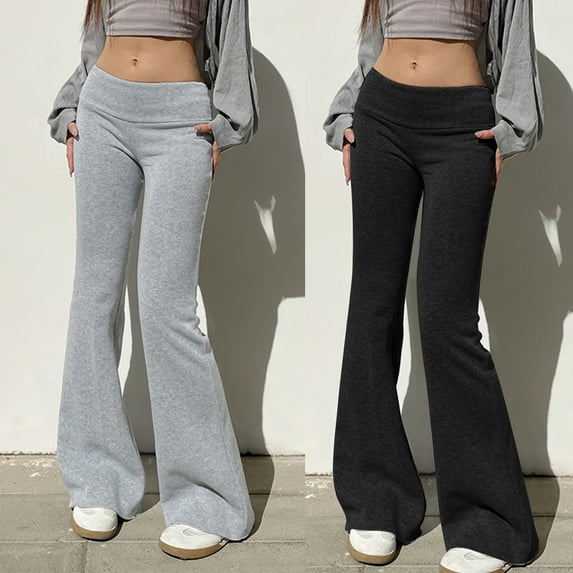 FRSASU Women's Flare Leggings Solid Color Thin Velvet High Waisted Versatile Pants Athletic Casual Slim Fit Length Pants Gray