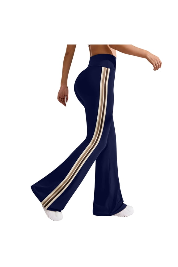 Women's Flare Leggings Split High Waisted Contrast Side Stripes Bootcut Casual Workout Fitness Yoga Pants Navy
