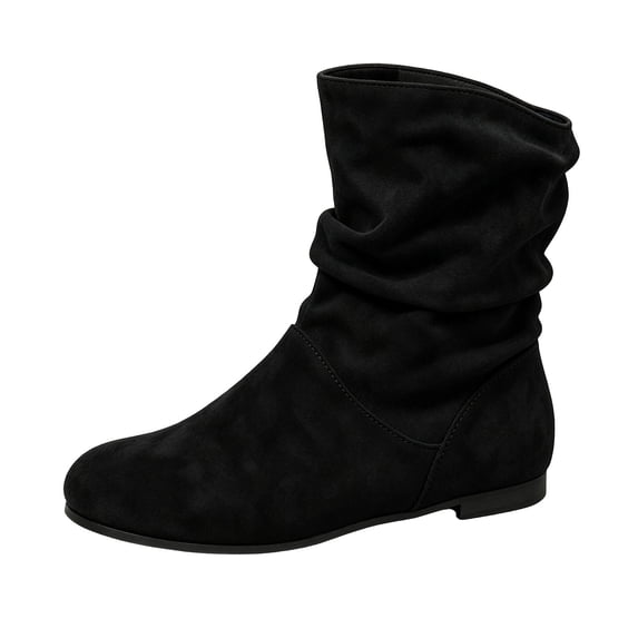 FRSASU Women's Flat Mid‑Calf Boots Faux Suede Round Toe Pull‑On Casual Mid Boots, Soft Comfortable Fall Winter Boots Black