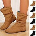 thumbnail image 1 of FRSASU Women's Flat Mid‑Calf Boots Faux Suede Round Toe Pull‑On Casual Mid Boots, Soft Comfortable Fall Winter Boots Brown, 1 of 8