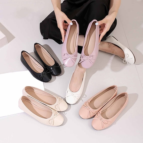 FRSASU Women's Round Toe Ballet Flats Comfortable Bow Dressy Bowtie Flats Shoes White