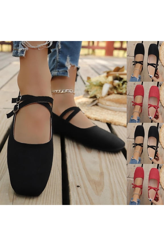 Women's Flats Dressy Square Toe Ankle Strap Mary Jane Shoes Casual Slip On Flats Comfortable Ballet Flats Red