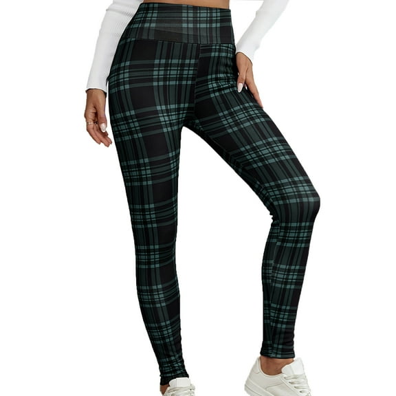 FRSASU Women’s Fleece Lined High Waist Leggings Plaid Print Slim Fit Pants Stretchy & Comfortable Everyday Leggings Green