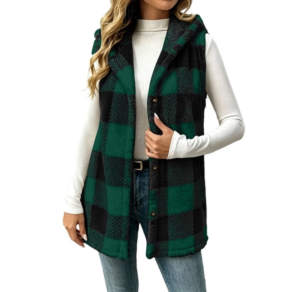 FRSASU Women's Fleece Sherpa Vest Winter Sleeveless Fuzzy Fluffy Checkered Plaid Vest Zip Up Jacket with Pockets Green