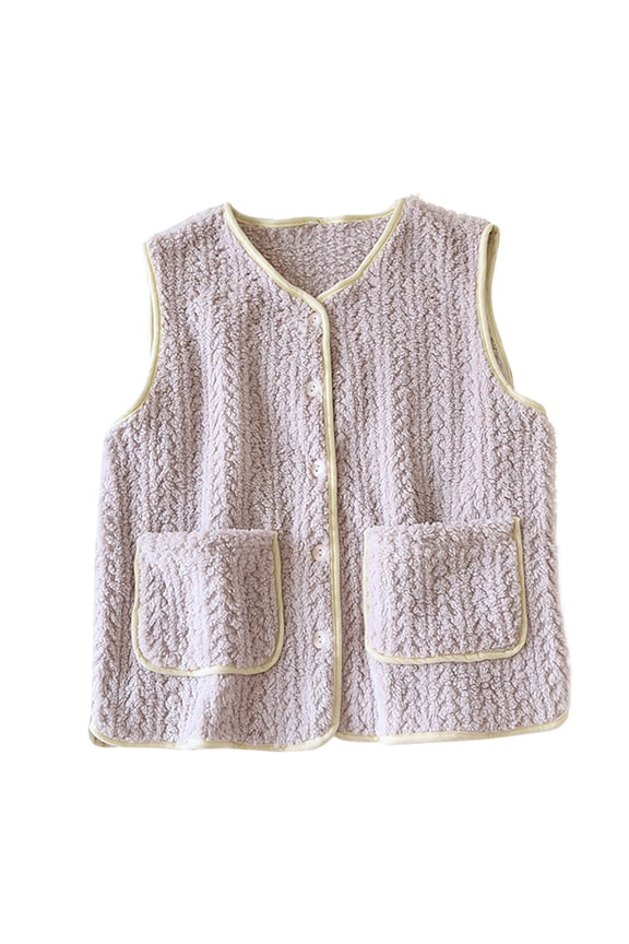 Women's Fleece Vests Button Warm Sleeveless Coat Vest Fall Fuzzy Lightweight Jackets Winter Soft Homewear Sleepwear with Pockets Purple