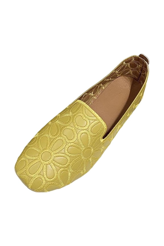 Women's Floral Ballet Flats Square Toe Casual Comfortable Slip On Pu Leather office & formal Dress Shoes Yellow