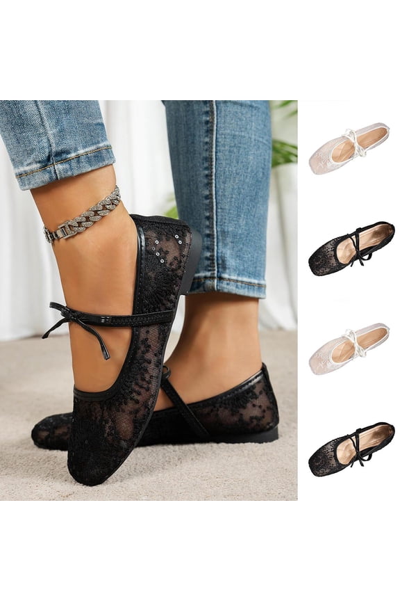 Women's Floral Embroidered Mesh Ballet Flats with Adjustable Ankle Strap Casual Comfort Shoes for Ladies White