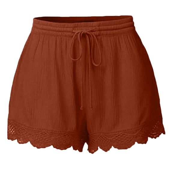 FRSASU Women's Floral Lace Trim Shorts Casual Summer High Waist Drawstring Dressy Trendy Beach Short Brown