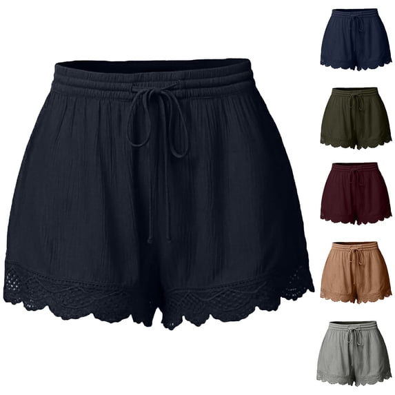 FRSASU Women's Floral Lace Trim Shorts Casual Summer Plus Size High Waist Drawstring Pleated Dressy Short Wine