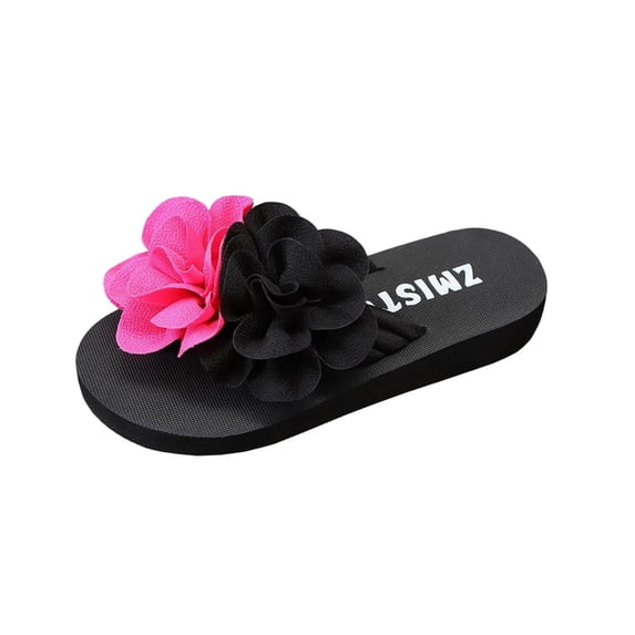 FRSASU Women's Flower Appliques Summer Flip Flops Boho Open Toe Slip On Flat Sandals Beach Vacation Slippers Black
