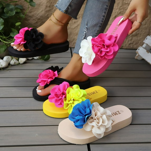 FRSASU Women's Flower Appliques Summer Flip Flops Boho Open Toe Slip On Flat Sandals Beach Vacation Slippers Yellow