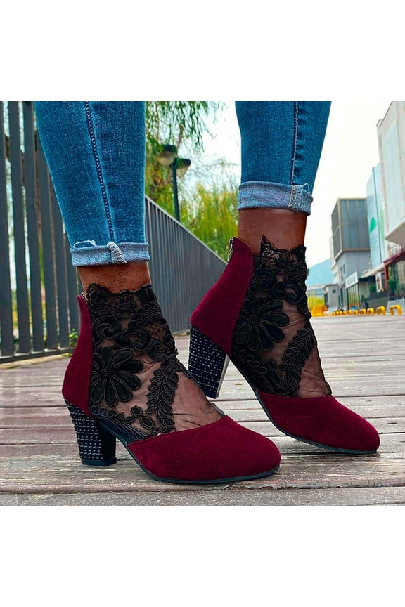Women's Flowers Lace Closed Toe High Heels Sandals Cutout Breathable Non-Slip Block Heeled Ankle Bootie Sandals Fashion Wedding Party Dress Shoes Red