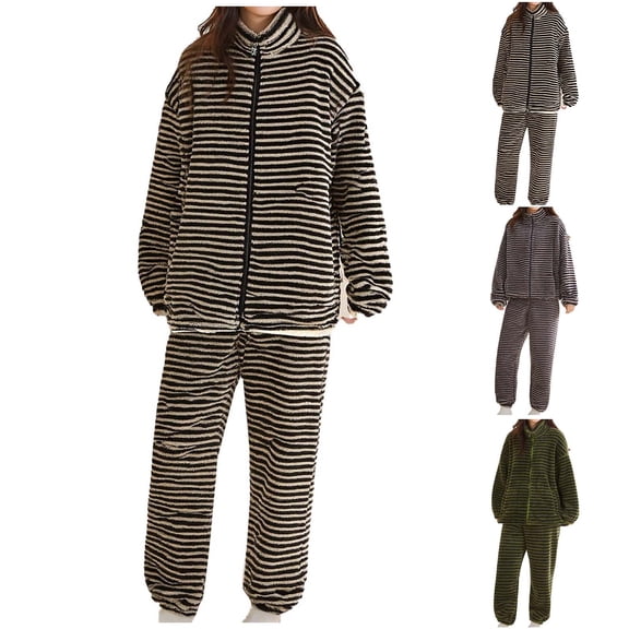 FRSASU Women's Fluffy Pajamas Set Fuzzy Fleece Zip up Stand Collar Tops Pants Loungewear Set Fleece Sleepwear with Pockets Gray