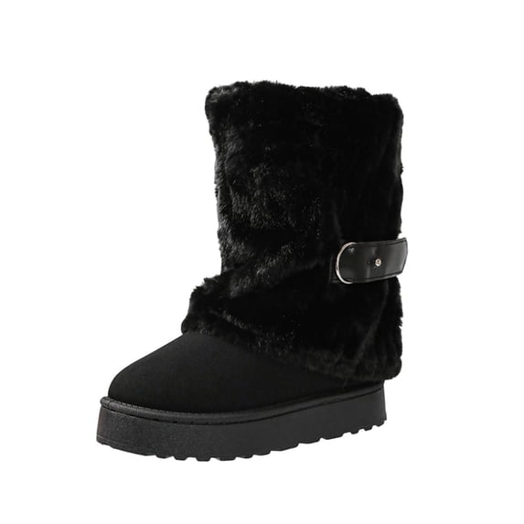 FRSASU Women's Fold-Over Winter Snow Boots Warm Fur Lined Faux Comfort Slip On Platform Buckle Strap Booties Black