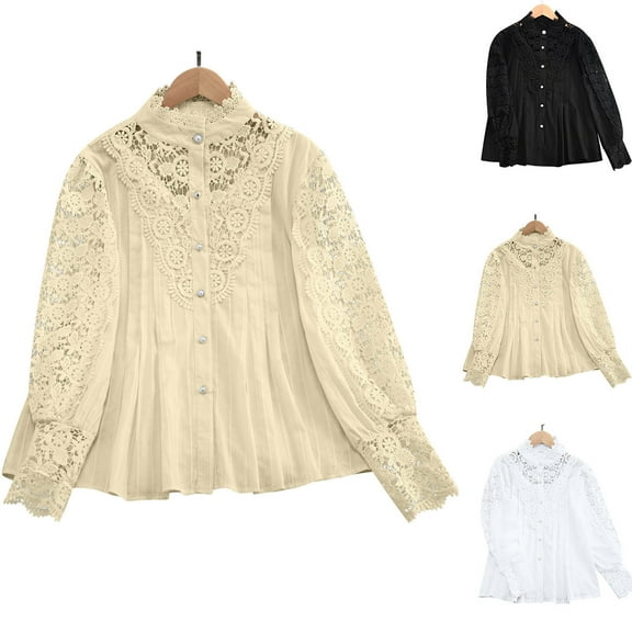 FRSASU Women’s French Style Elegant Lace Shirts Solid Color Stand up Collar Casual Blouse Long Sleeve Fashion Tops Yellow XL(XL)
