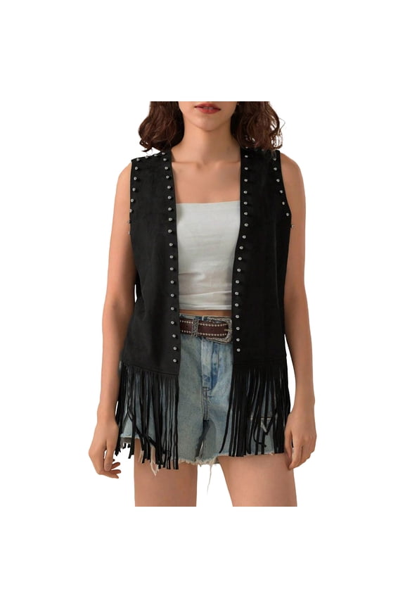 Women's Fringe Vest Cardigan 70s Hippie Rivets Tassel Sleeveless Studded Jacket Black