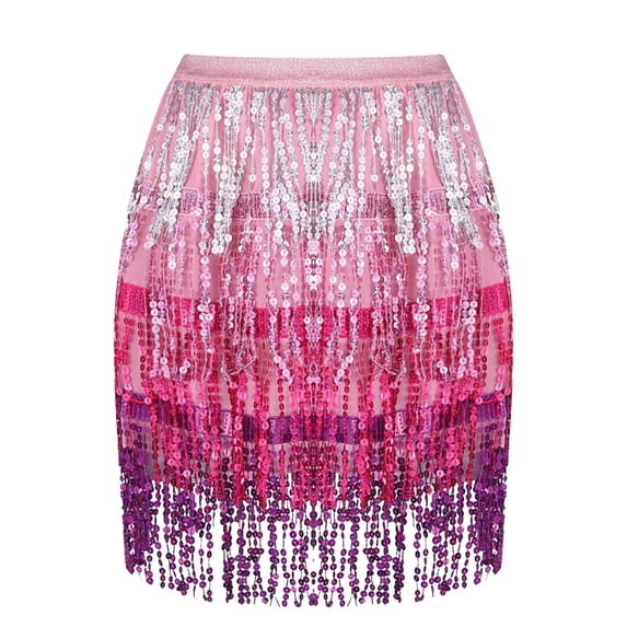 FRSASU Women's Full Skirt with Sparkly Sequin Fringe Tassel Stretchy Elastic Waist Hip Scarf Costume Clubbing Party Outfit Pink