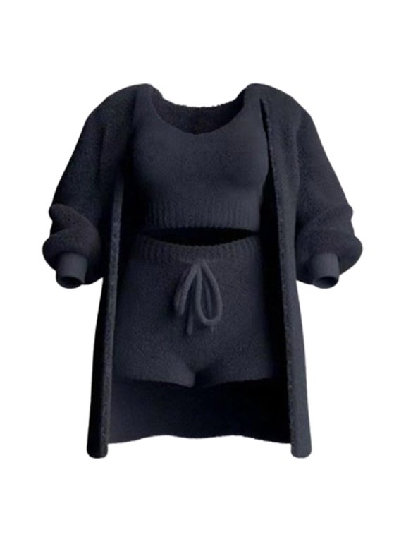 Women's Fuzzy 3 Piece Outfits Fleece Warm Cardigan Crop Top Shorts Sets Pajamas Loungewear Sets Navy