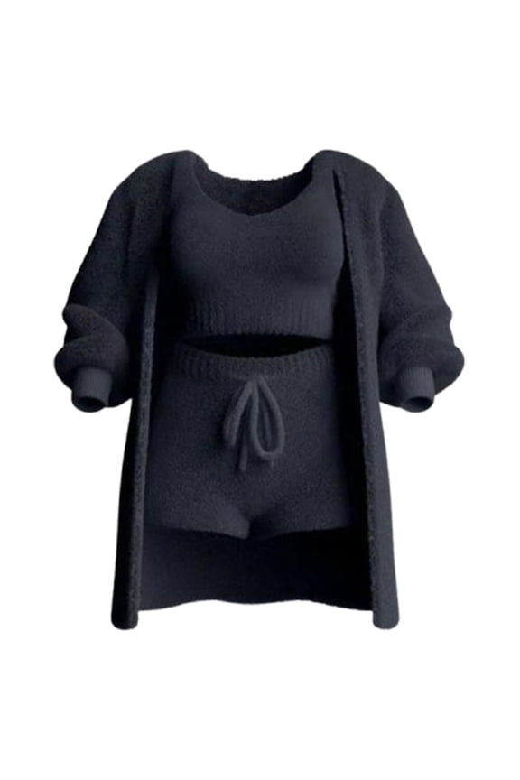 Women's Fuzzy 3 Piece Outfits Fleece Warm Cardigan Crop Top Shorts Sets Pajamas Loungewear Sets Navy
