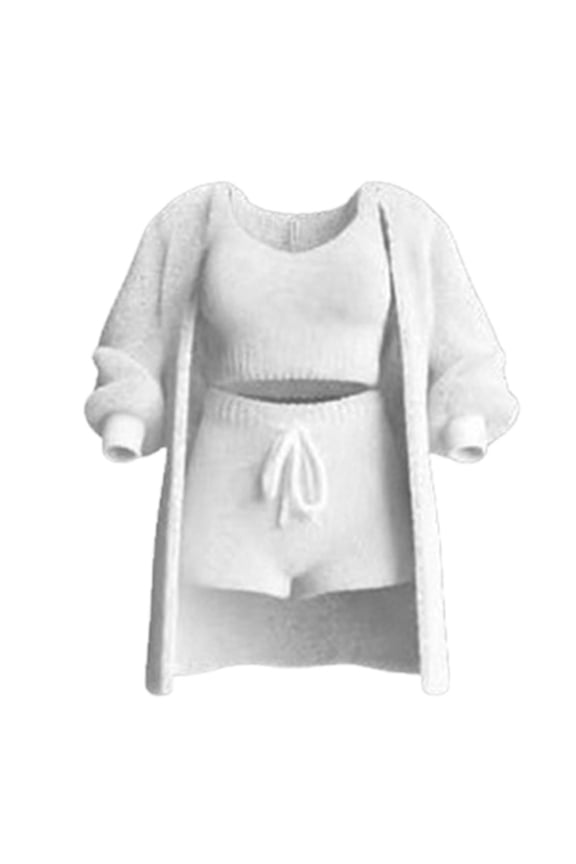Women's Fuzzy 3 Piece Outfits Fleece Warm Cardigan Crop Top Shorts Sets Pajamas Loungewear Sets White