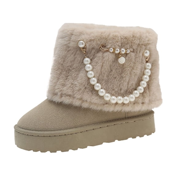FRSASU Women's Fuzzy Fleece Trim Platform Ankle Snow Boots Pearl Chain Decor Slip On Warm Fur Lined Winter Booties Beige