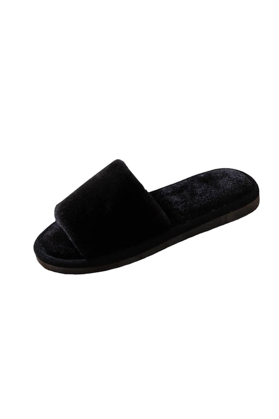 Women's Fuzzy Fluffy Slippers Flip Flop Open Toe Cozy House Memory Sandals Slides Soft Flat Comfy Anti-Slip Indoor Outdoor Slipper Black