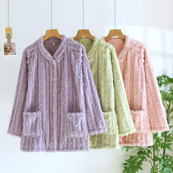 FRSASU Women's Fuzzy Pajama Tops Long Sleeve Fleece Flannel Pajama Winter Warm Thick Sleeping Pullover Button Down Sleepwear Purple