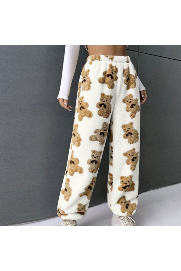 Women's Fuzzy Plush Pajama Pants Elastic Waist ankle strap Teddy bear print Bottoms Lounge long Pants White