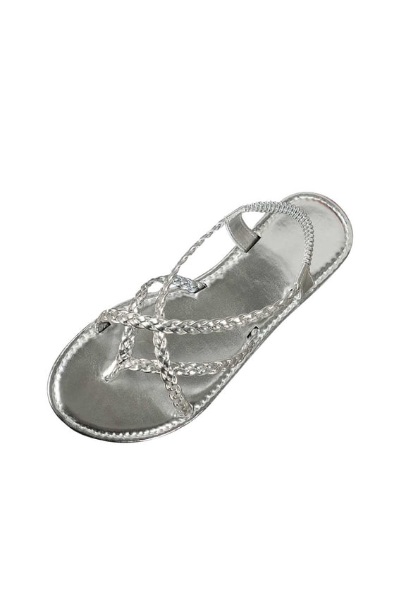 Women's Gladiator Strap Sandals Flat Cross Strappy Roman Sandal Dress Casual Summer Beach Flops Silver