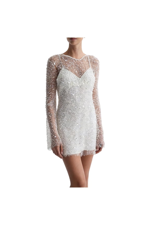 Women's Glitter Long Sleeve Round Neck Sheer Sequin Mini Dress with Solid Color Sleeveless Slip Dress White