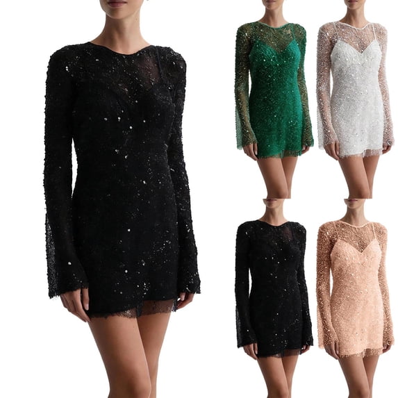 FRSASU Women's Glitter Long Sleeve Round Neck Sheer Sequin Mini Dress with Solid Color Sleeveless Slip Dress White