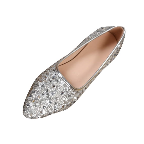 FRSASU Women's Glitter Rhinestone Flat Mules Comfortable Soft Memory Foam Insole Cherry Pointed Rivet Shoes Silver