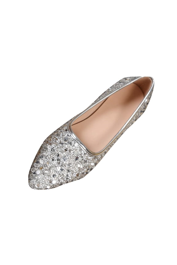 Women's Glitter Rhinestone Flat Mules Comfortable Soft Memory Foam Insole Cherry Pointed Rivet Shoes Silver