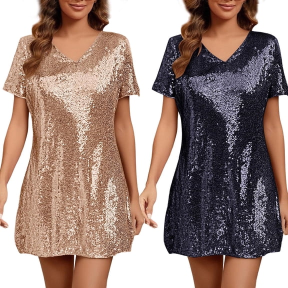 FRSASU Women's Glitter Sequins Short Sleeve V Neck Dress Straight Hem Short Dresses Party Dresses Black