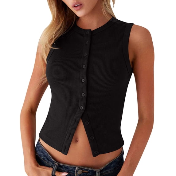 FRSASU Women's Going Out Tops Summer Spring Ribbed Tank Crop Cute Button Down Fashion T-Shirts Black