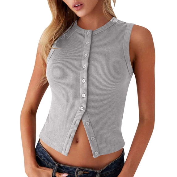 FRSASU Women's Going Out Tops Summer Spring Ribbed Tank Crop Cute Button Down Fashion T-Shirts Gray