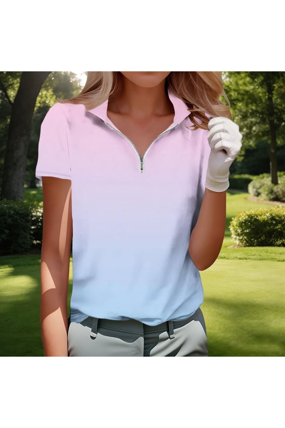 Women's Golf T-Shirts Short Sleeve Loose Fit Zip Up Quick Dry Stretch Tennis Collared Polo Shirts Pink